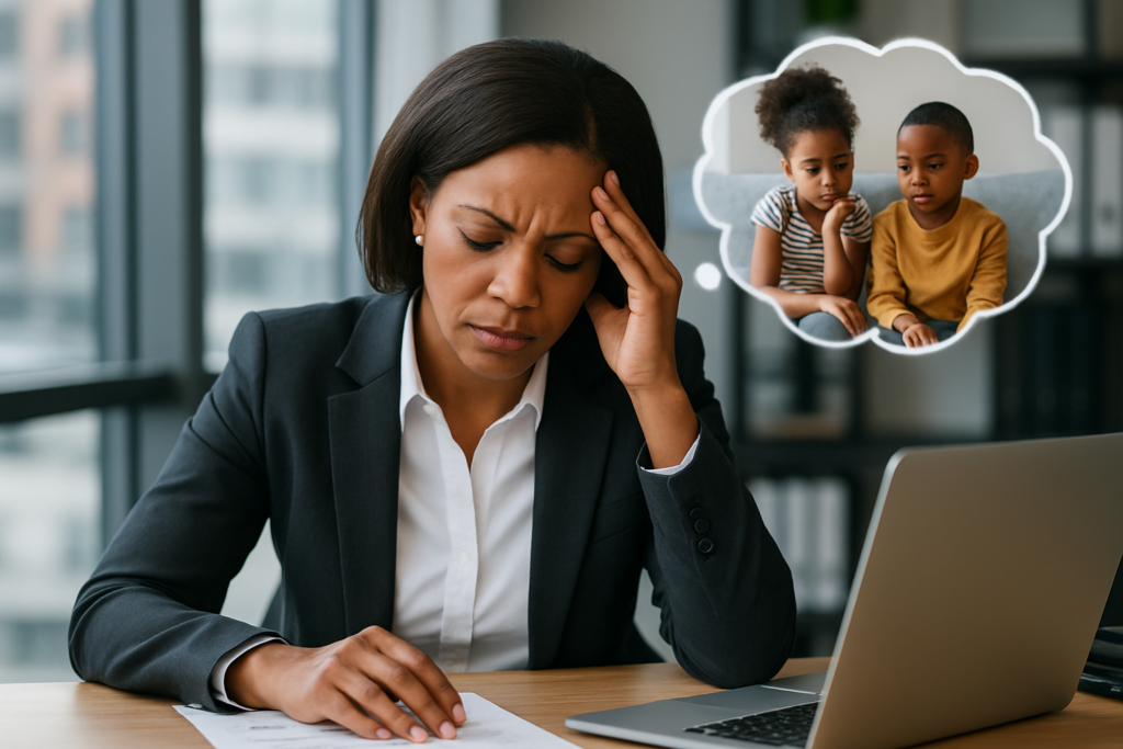 Femme entrepreneure africaine recevant un soin énergétique à distance pour apaiser le stress
